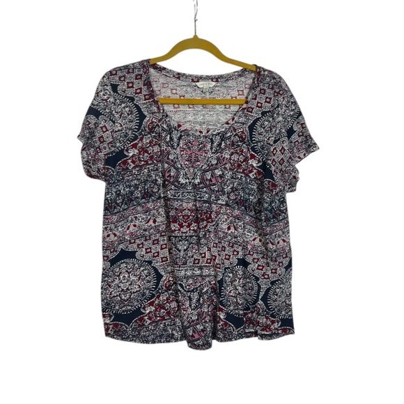 Lucky Brand Bohemian Short Sleeve Top Floral Size 1X Pink Red Blue White - Picture 1 of 6